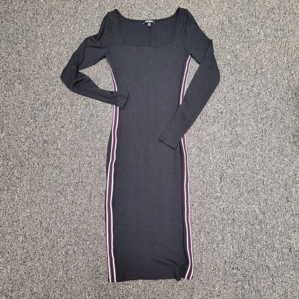 Express Race Stripe Bodycon Dress XS Black Ribbed Long Sleeve Y2K Sporty Mini